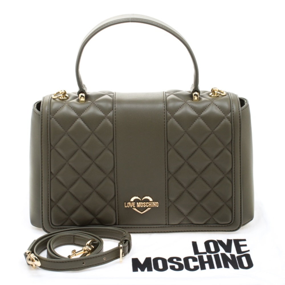 New!!! LOVE MOSCHINO Olive Military Green Faux Leather Quilted Bag 12"x8"